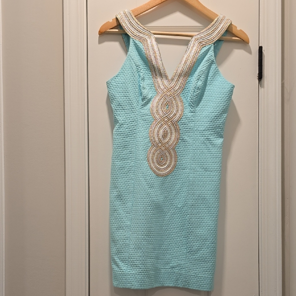 Lilly Pulitzer Turquoise Mini Dress with Sparkle Neckline.